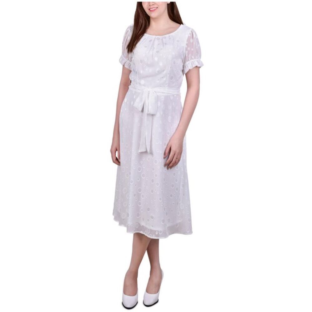 NY Collection Womens Swiss Dot Pin Tuck Midi Dress, White, Petite, P/PS, DM